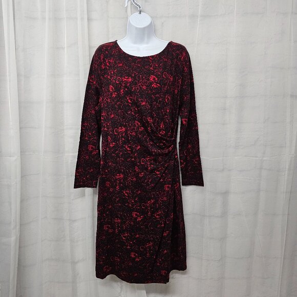 Talbots Red Dress Floral Goth Jersey Faux Wrap Punk Grunge Classic L - Picture 1 of 11